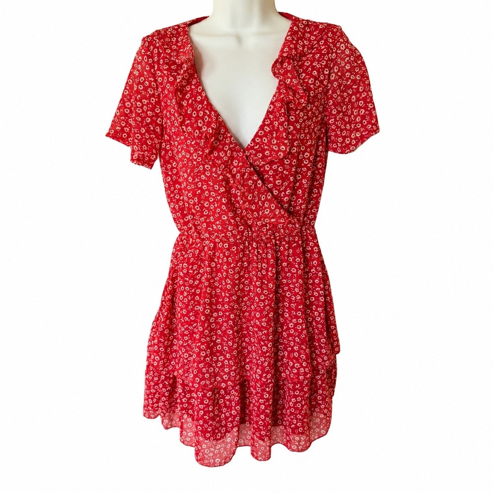 H&M Red Floral‎ Ruffle Wrap Mini Dress Womens XS Tiered Skirt 0797088
